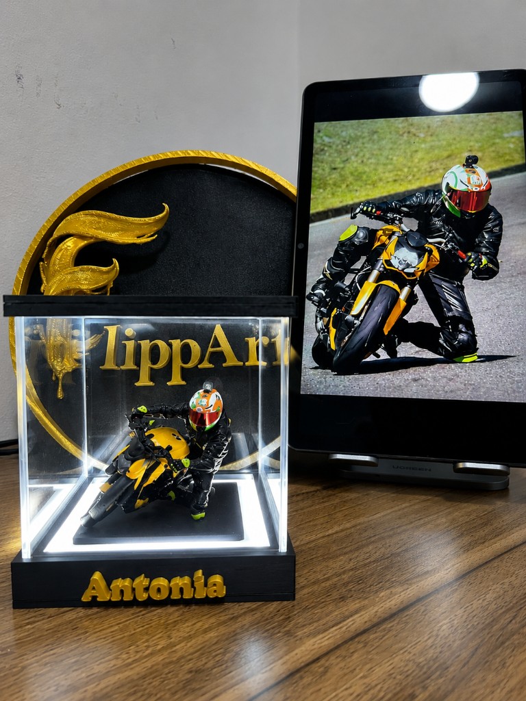 Figura FlippArt de Antonia en vitrina LED junto a la foto original en tablet
